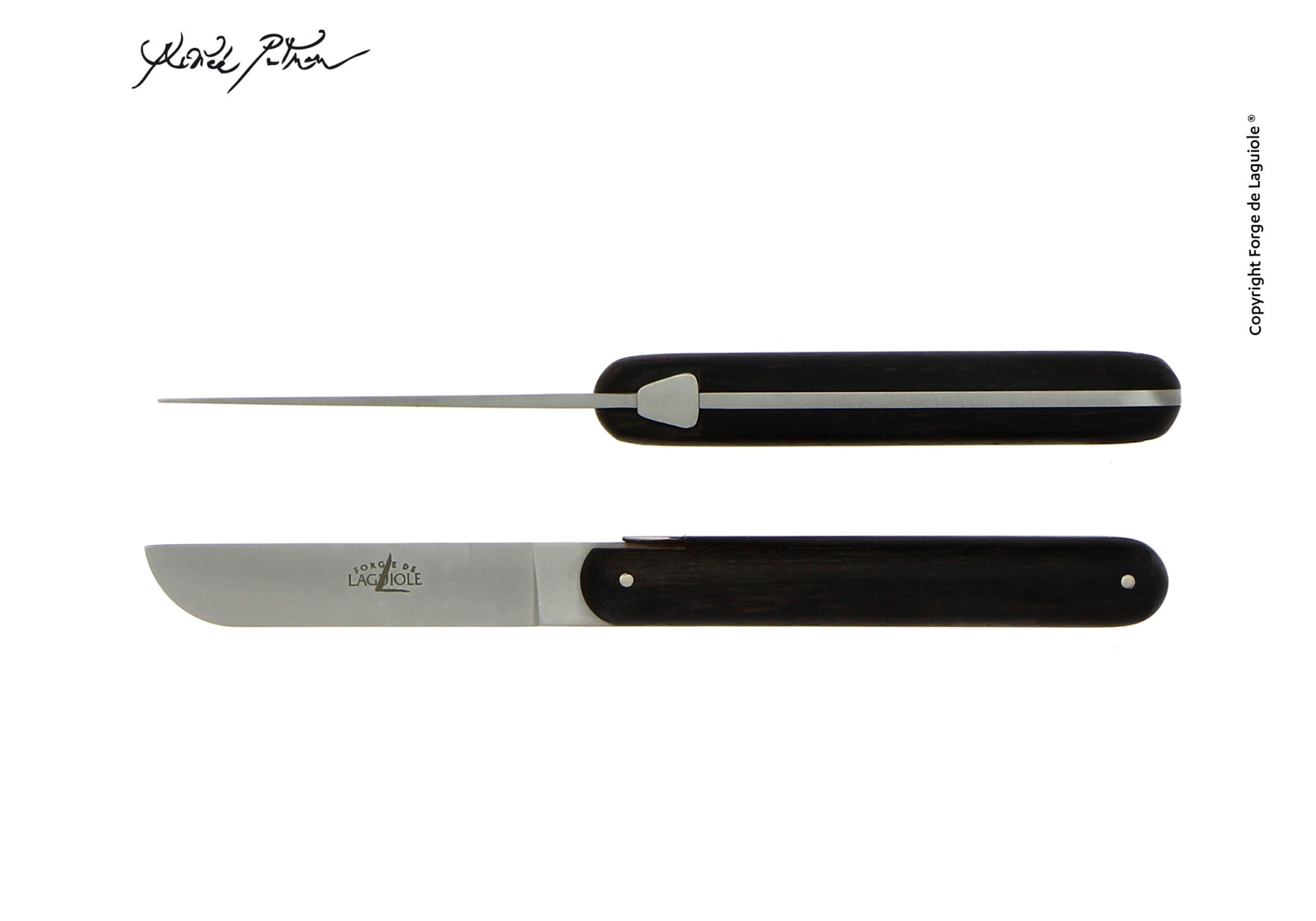 Tafelmesser von Forge de Laguiole mit dunklem Holzgriff und Edelstahlklinge, seitliche und Draufsicht