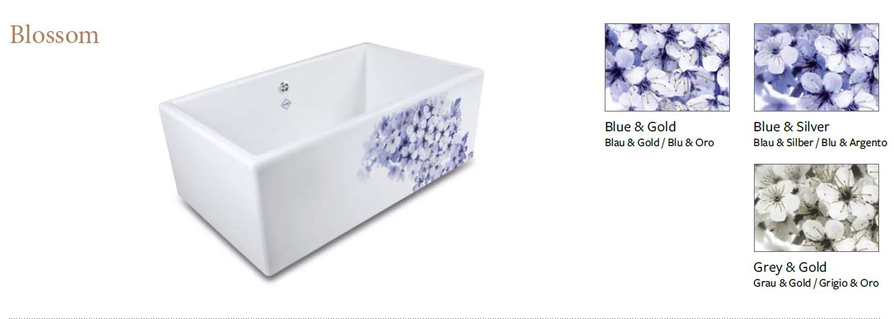 Rechteckige Badewanne mit Blumendesign Blossom an der Außenseite, in Blau mit goldenen, silbernen oder grauen Akzenten erhältlich