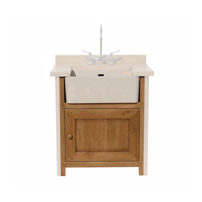 Waschbeckenunterschrank aus Holz im Landhausstil mit weißer Keramikspüle und moderner Armatur