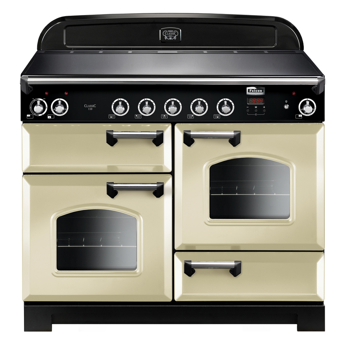 Cremefarbener Falcon Classic 110 Standherd mit vier Backofentüren und sieben Reglern, ideal für große Küchen