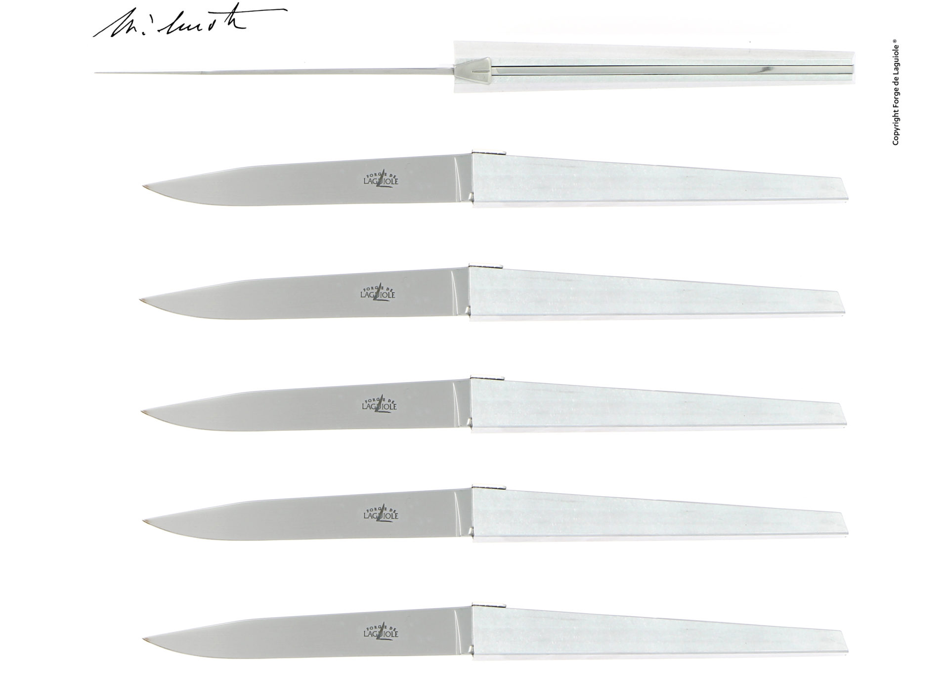 Sechs hochwertige Steakmesser aus Edelstahl von Forge de Laguiole mit modernem Design, nebeneinander angeordnet