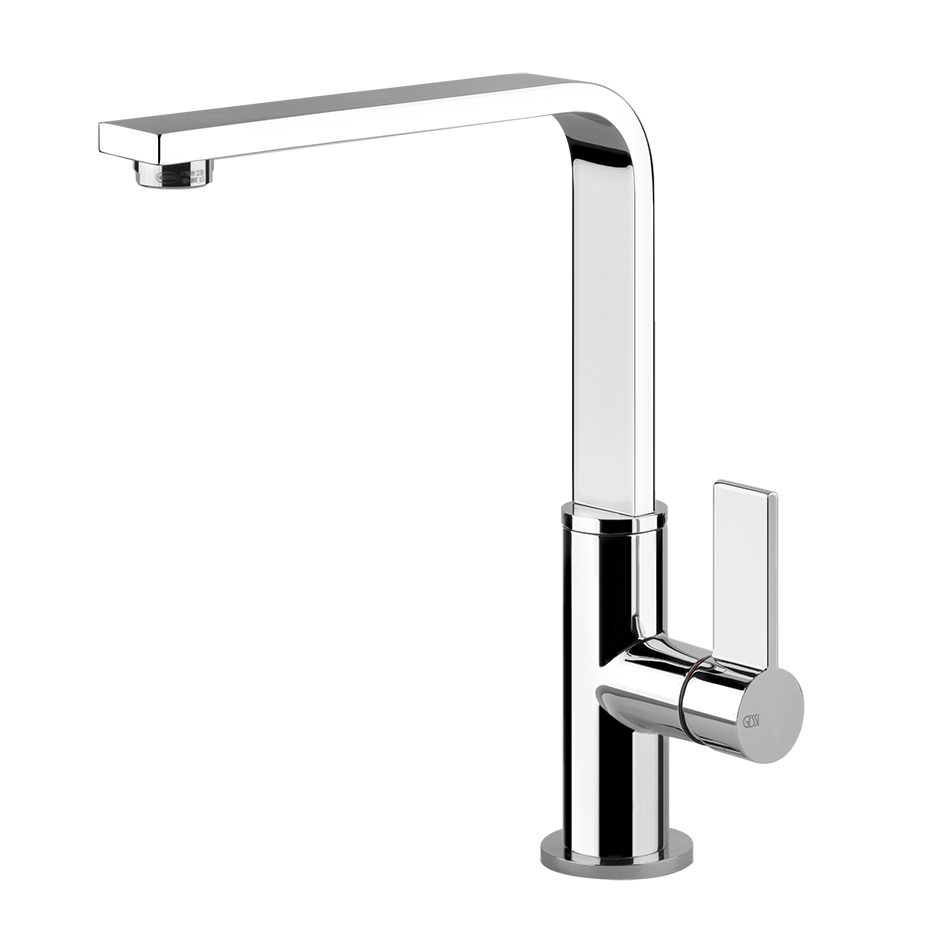 Moderne Küchenarmatur aus Chrom mit hohem L-Auslauf