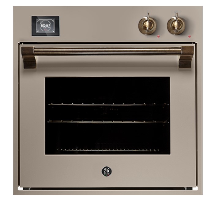 Beiger Einbau-Backofen im Retro-Look mit zwei Drehknöpfen, digitaler Uhr und Metallgriff, isolierter Glastür und mehreren Backblechschienen