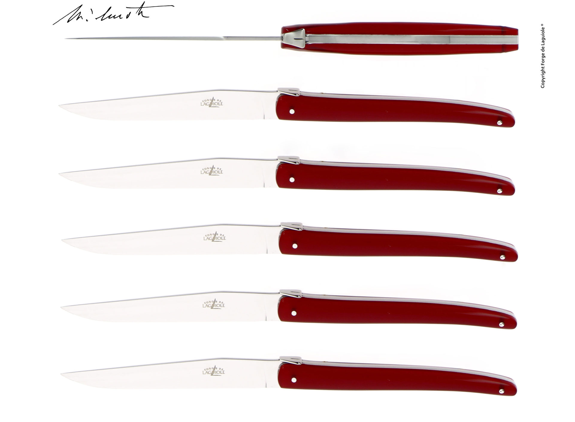 Sechs Laguiole Steakmesser mit roten Griffen aus Edelstahl, ideal für Fleischgerichte und stilvolles Servieren