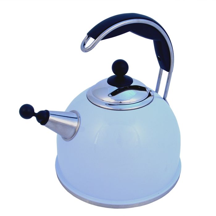 Moderner weißer Wasserkessel mit Flöte und ergonomischem schwarzem Griff für Herdplatten