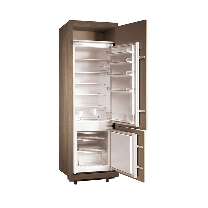 Abgebildet ist ein leerer, geöffneter Kühlschrank mit Gefrierfach und Holzoptik. Innen sind mehrere Fächer und Türablagen sichtbar.