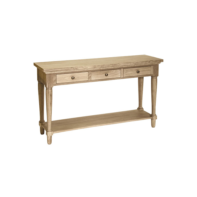Konsolentisch aus hellem Holz mit drei Schubladen und unterem Ablageboden, klassisches Design für Wohn- und Eingangsbereich