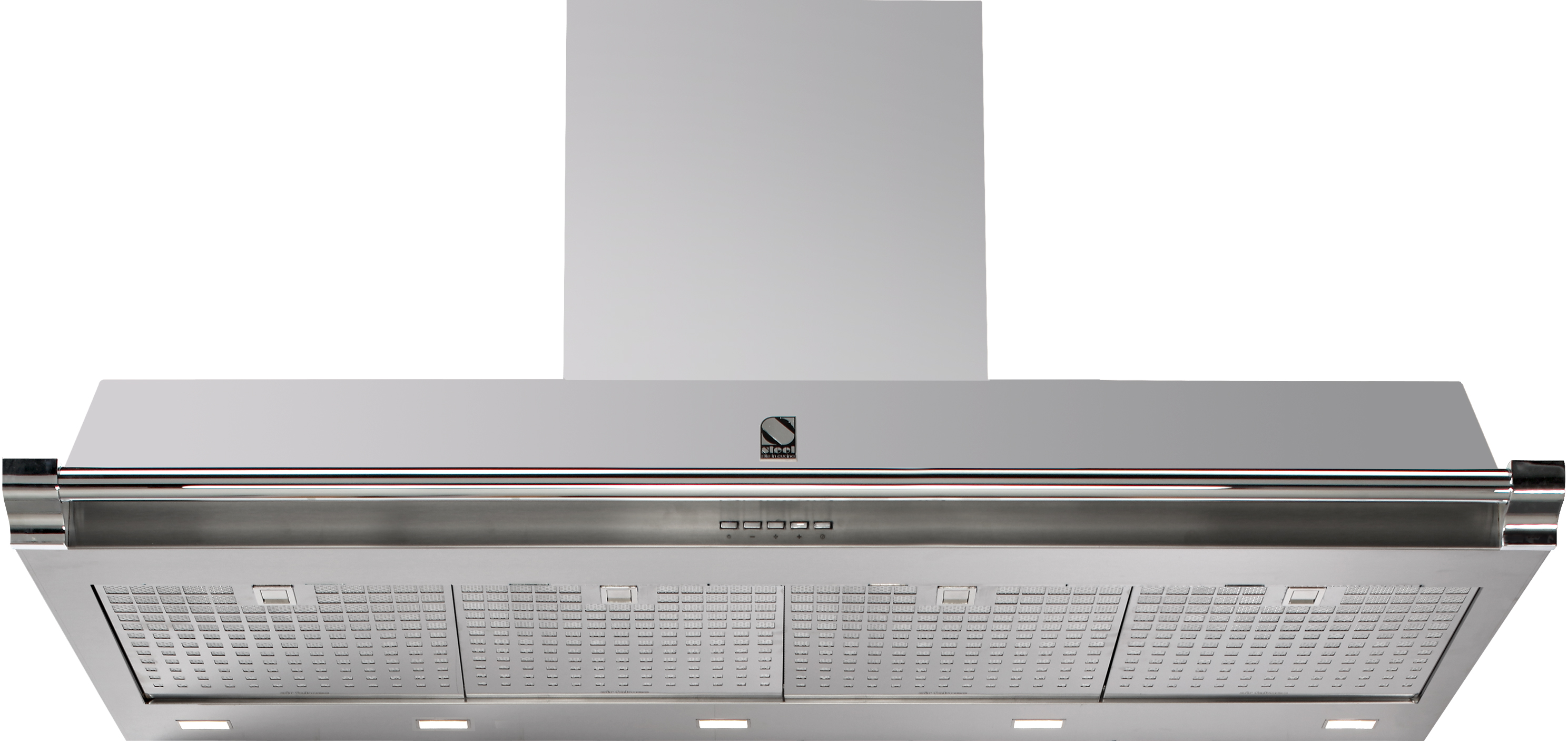 Moderne Edelstahl-Dunstabzugshaube mit drei Filtern und integrierter LED-Beleuchtung, Vorderansicht