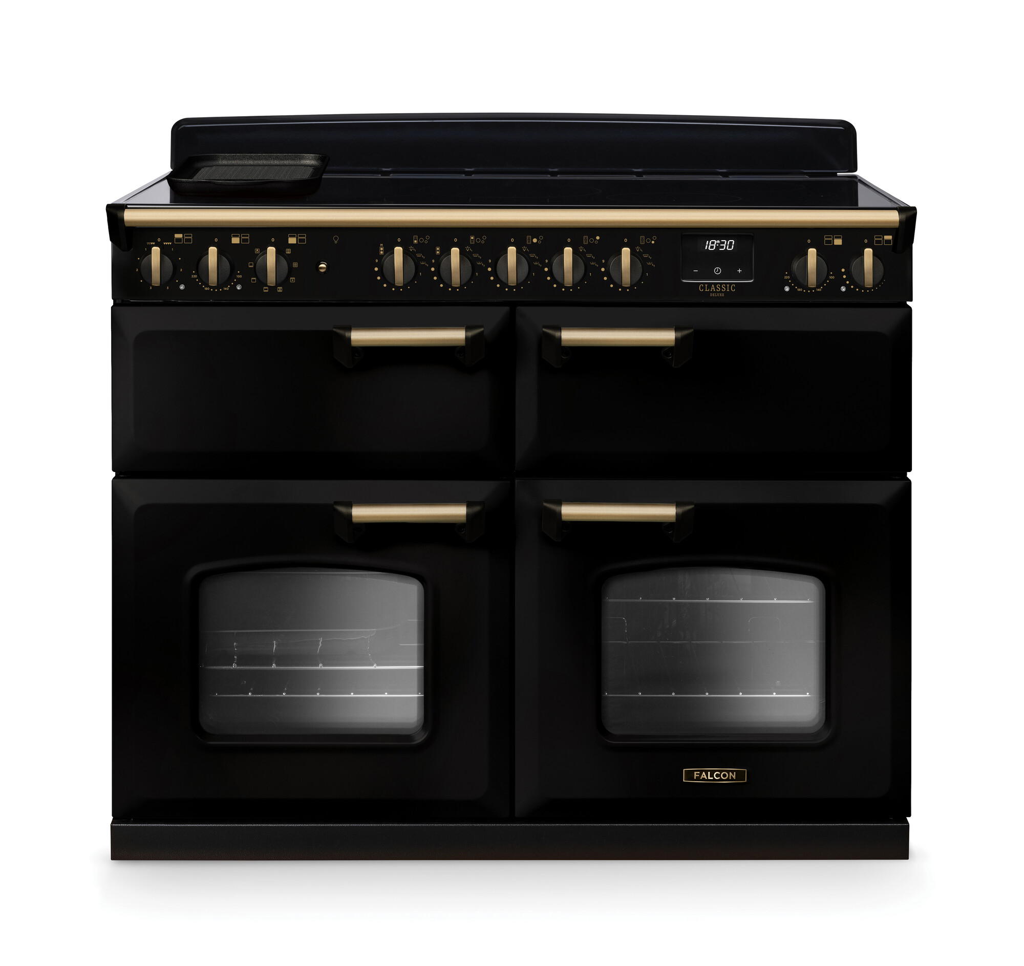 Schwarzer Falcon Range Cooker mit 4 Öfen, Messingakzente