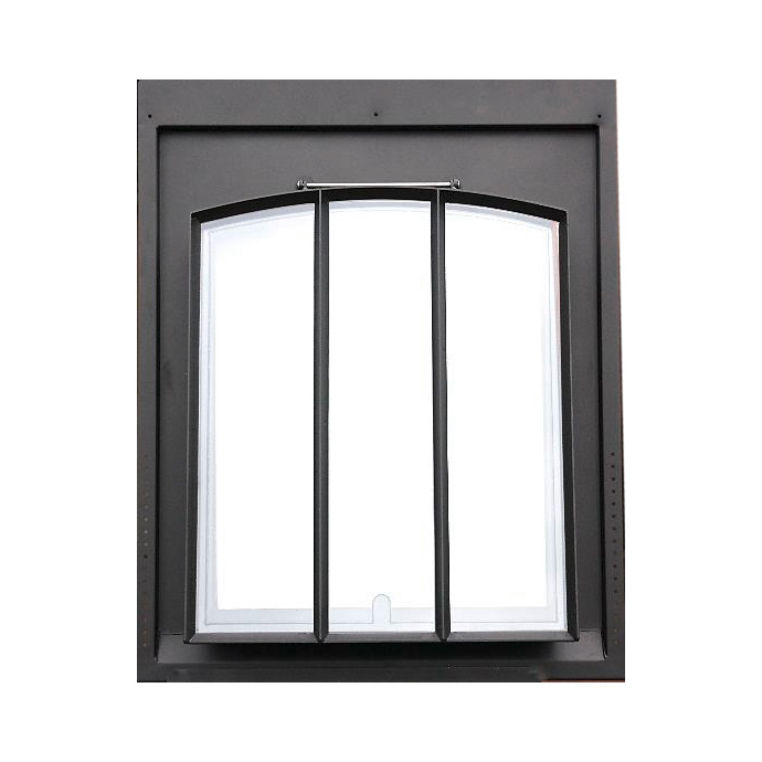 Rechteckige Ofentür mit gewölbtem Glas und schwarzem Metallrahmen, geeignet für Kamin oder Ofen