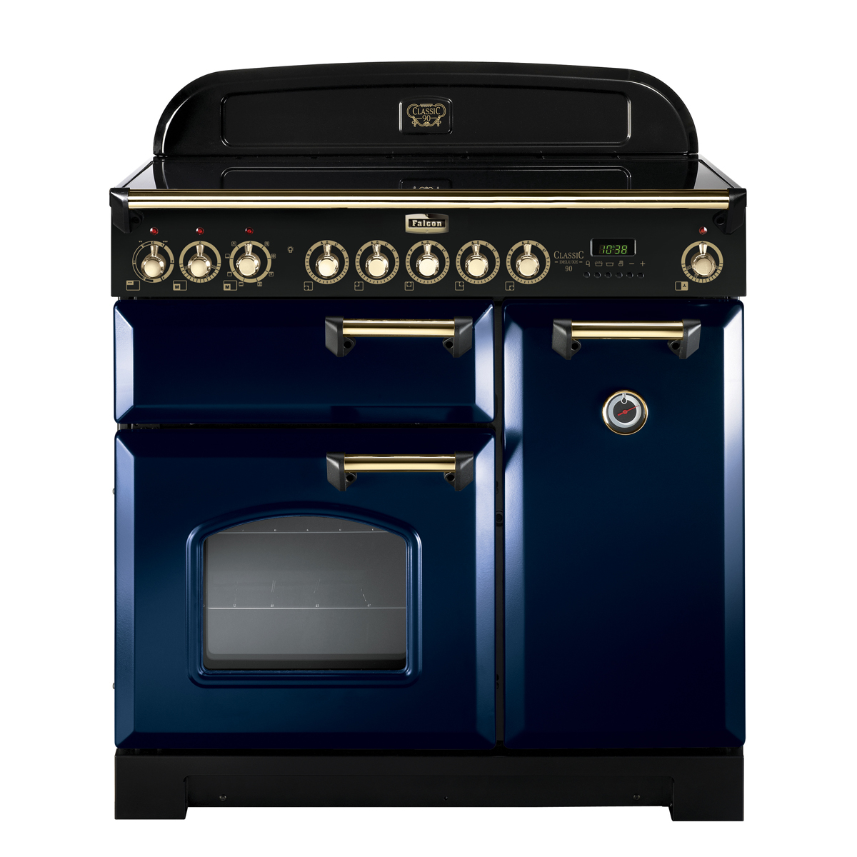 Klassischer blauer Induktionsherd Falcon Classic Deluxe 90 mit drei Backöfen, Messinggriffen und analogen sowie digitalen Anzeigen