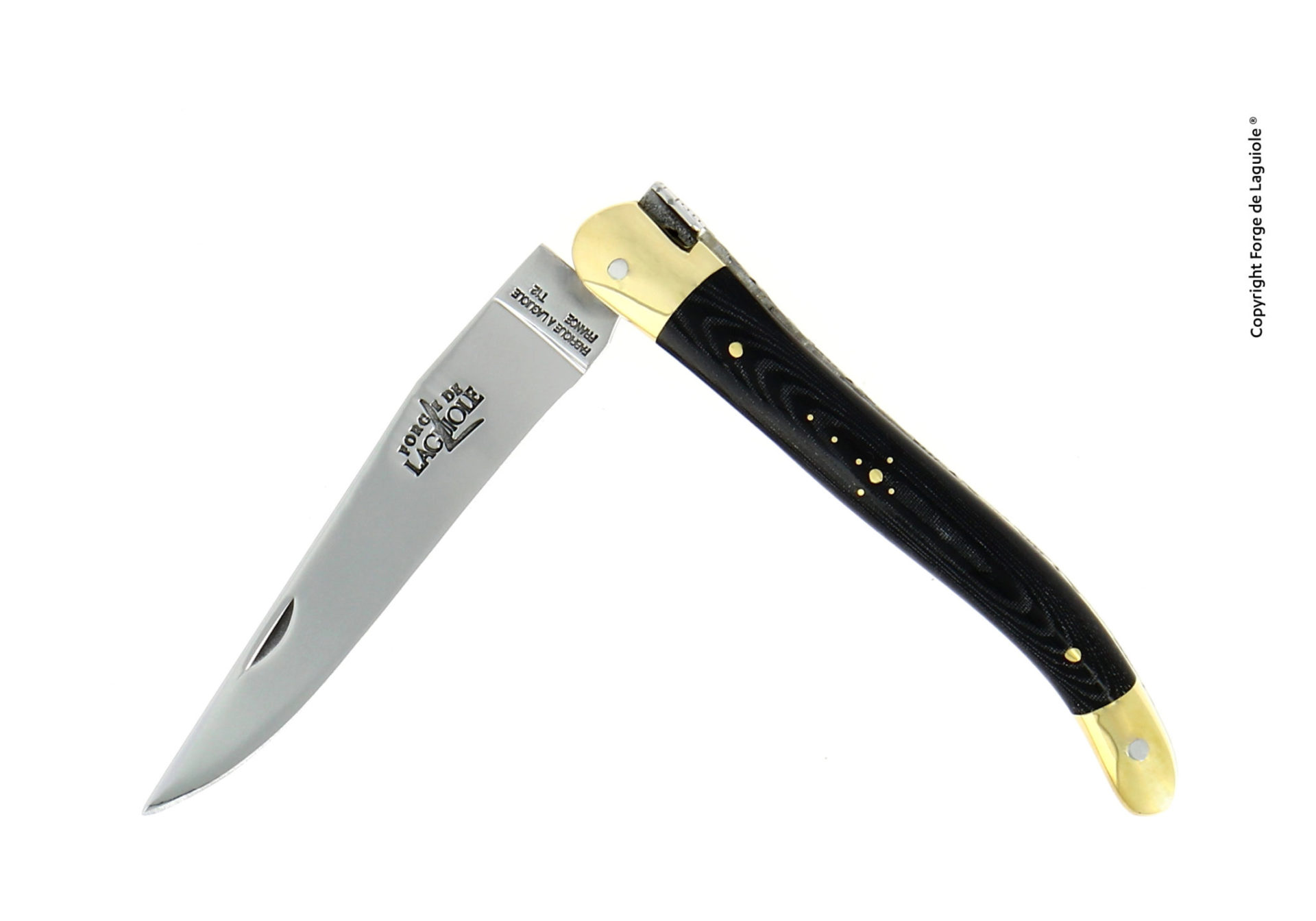 Elegantes Laguiole Taschenmesser mit Edelstahlklinge und schwarzem Griff mit goldenen Applikationen, zusammengeklappt dargestellt