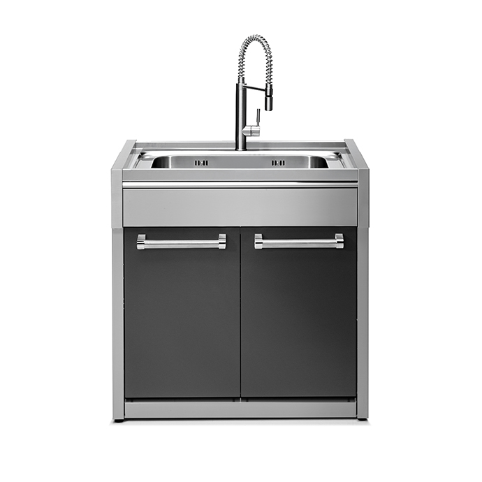 Moderne Spüle aus Edelstahl mit Unterschrank, zwei Türen und flexibler Armatur, für die Küche geeignet