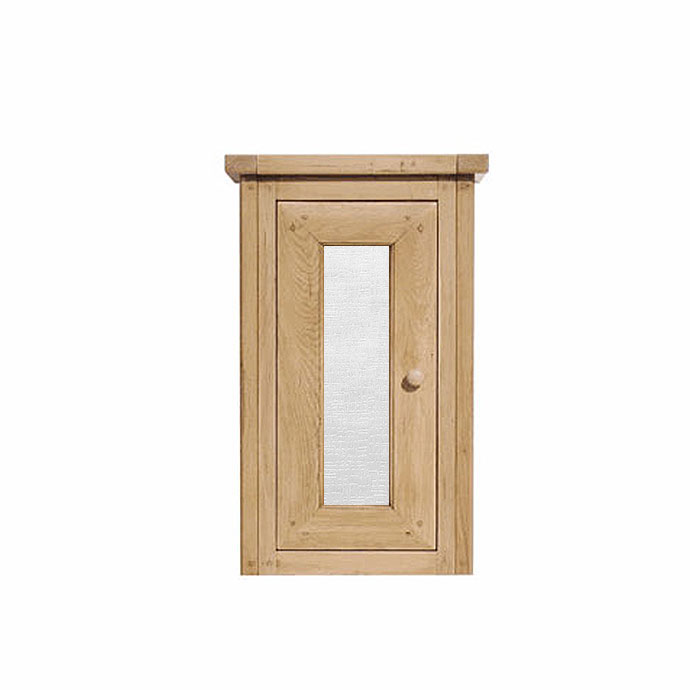 Hängeschranktür aus hellem Massivholz mit rechteckigem Glaseinsatz und rundem Holzknauf