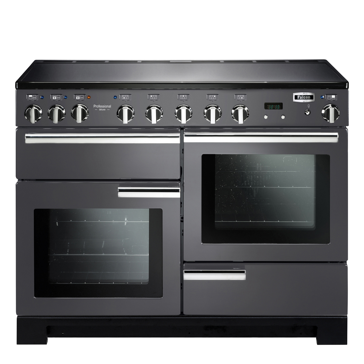 Falcon Professional Deluxe 110 Induktionsherd mit zwei Backöfen, Glastüren und Edelstahlgriffen in Schwarz