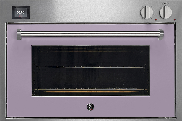 Moderner Einbau-Backofen in Edelstahl mit lilafarbener Front, großem Sichtfenster, Drehreglern und Digitalanzeige