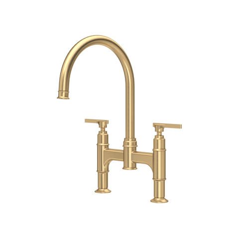 Goldene Küchenarmatur im Bridge-Design mit hohem Auslauf und zwei Griffen, aus Messing