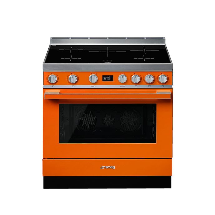 Oranger Smeg Standherd mit Induktionskochfeld und großem Backofen, freistehend