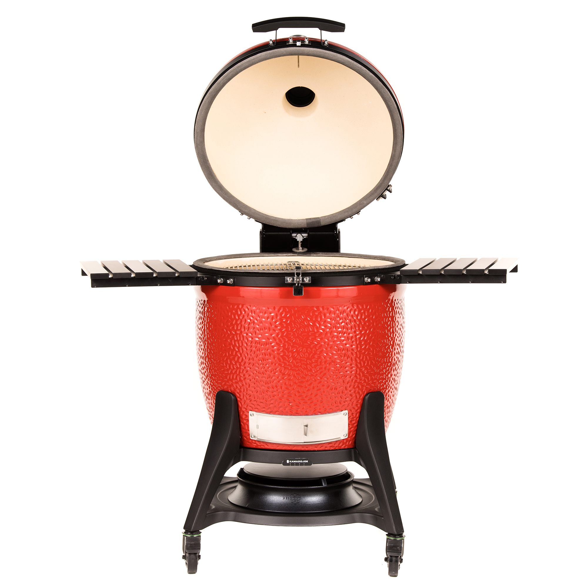 Roter Kamado-Keramikgrill mit geöffnetem Deckel und beidseitigen Ablageflächen auf schwarzem Gestell, ideal zum Grillen und Smoken