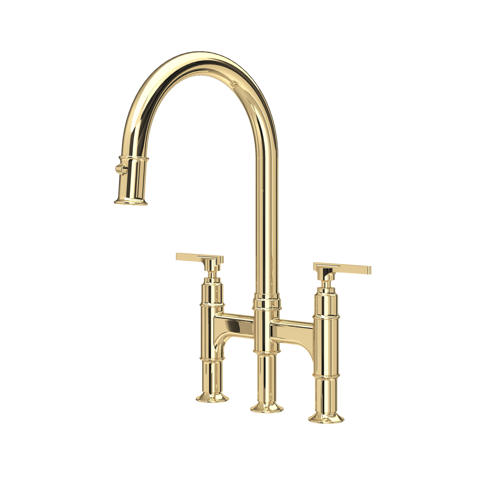 Goldene Küchenarmatur aus Messing, 2-Griff-Brückenarmatur mit hohem schwenkbarem Auslauf, klassisches Design für Spülbecken