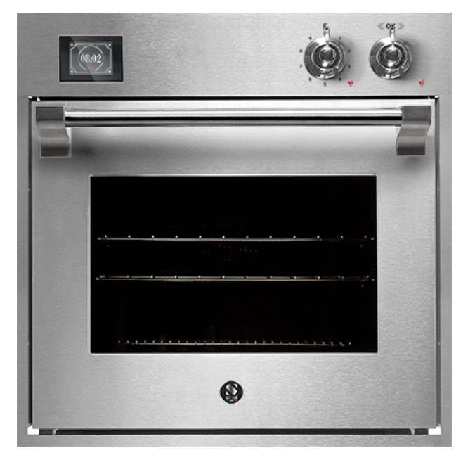 Moderner Einbau-Backofen aus Edelstahl mit Glastür, zwei Einstellungsknöpfen und digitalem Display