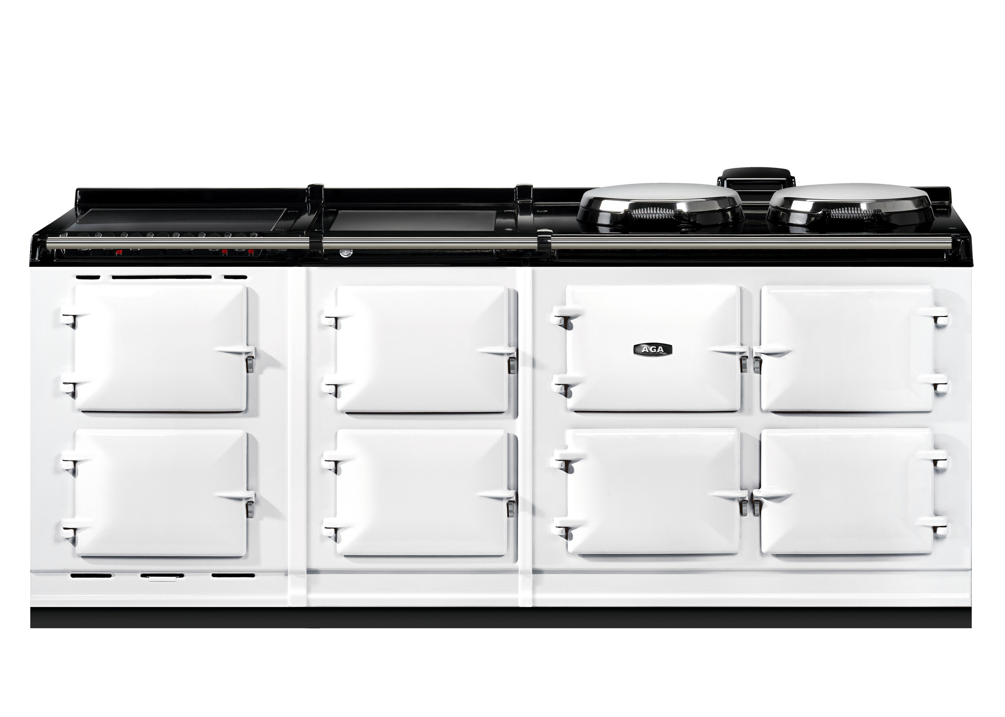 Weißer AGA Herd mit sechs Backofentüren und zwei Kochplatten, ideal für große Küchen und traditionelles Kochen