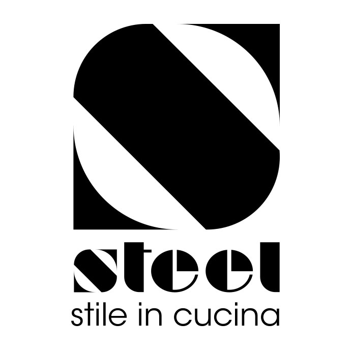 Logo der Marke Steel mit Schriftzug 'steel stile in cucina', stilvolles schwarzes Design für Küchenprodukte