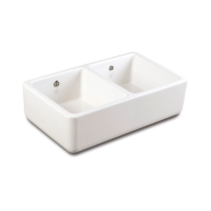 Weiße Doppelspüle aus Keramik mit zwei Becken, ideal für moderne und klassische Küchen