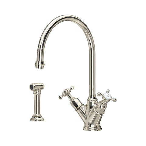 Hochwertige 2-Griff Küchenarmatur aus poliertem Nickel mit hohem Schwanenhals-Auslauf und separater Handbrause, klassische Kreuzgriffe, Mischbatterie für Spülbecken