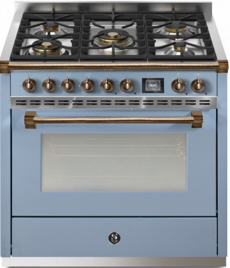 Standherd Gas 90 cm Retro blau mit 5 Flammen und Ofen