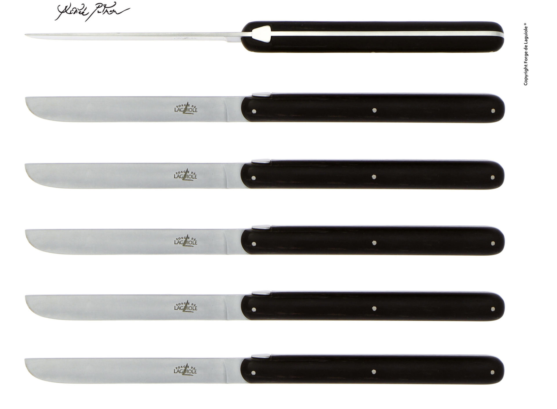 Sechs schwarze Tafelmesser der Marke Forge de Laguiole, nebeneinander angeordnet mit Edelstahlklinge und schlichtem Design