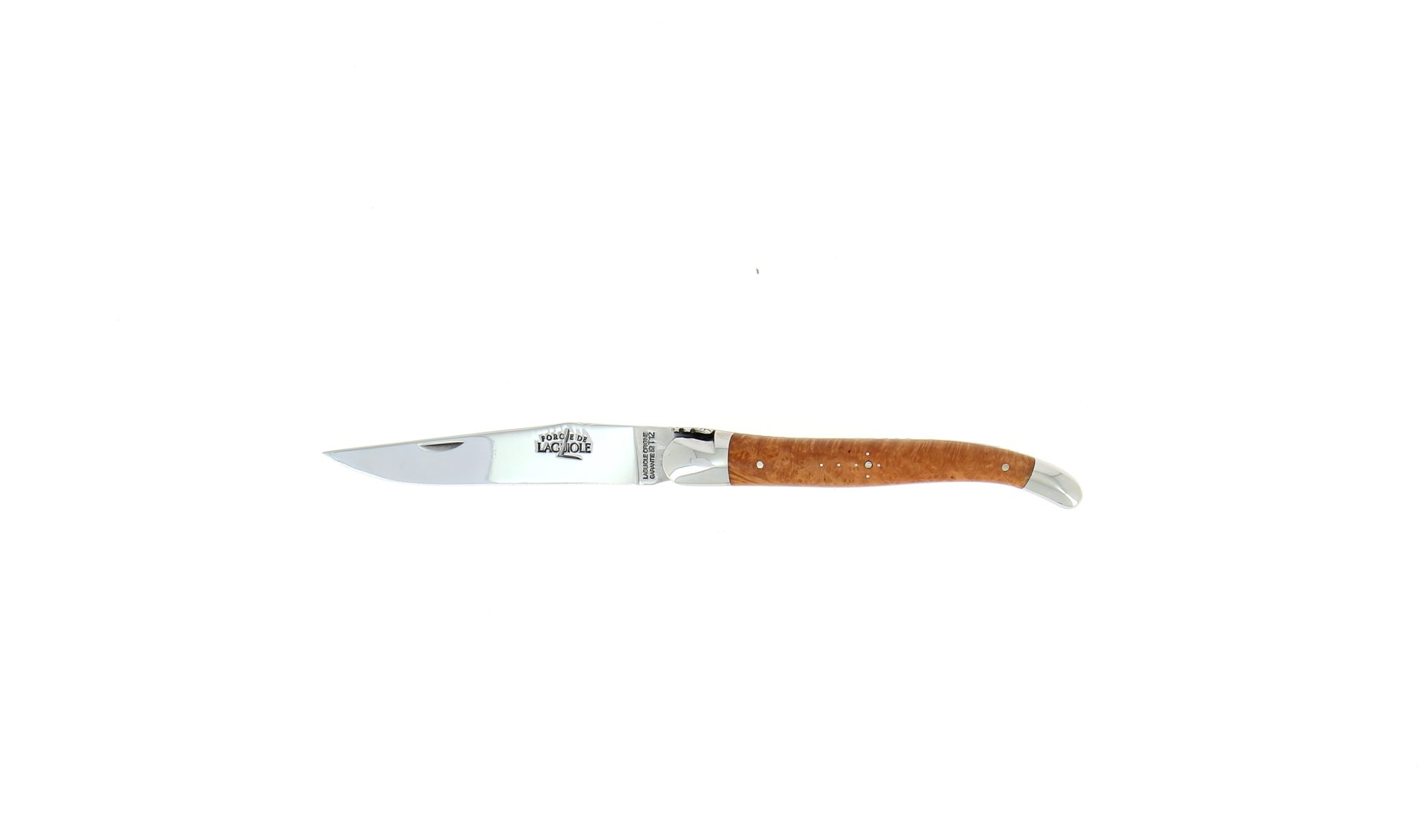 Klassisches Laguiole Taschenmesser mit polierter Edelstahlklinge und elegantem Griff aus Holz, seitlich abgebildet auf weißem Hintergrund