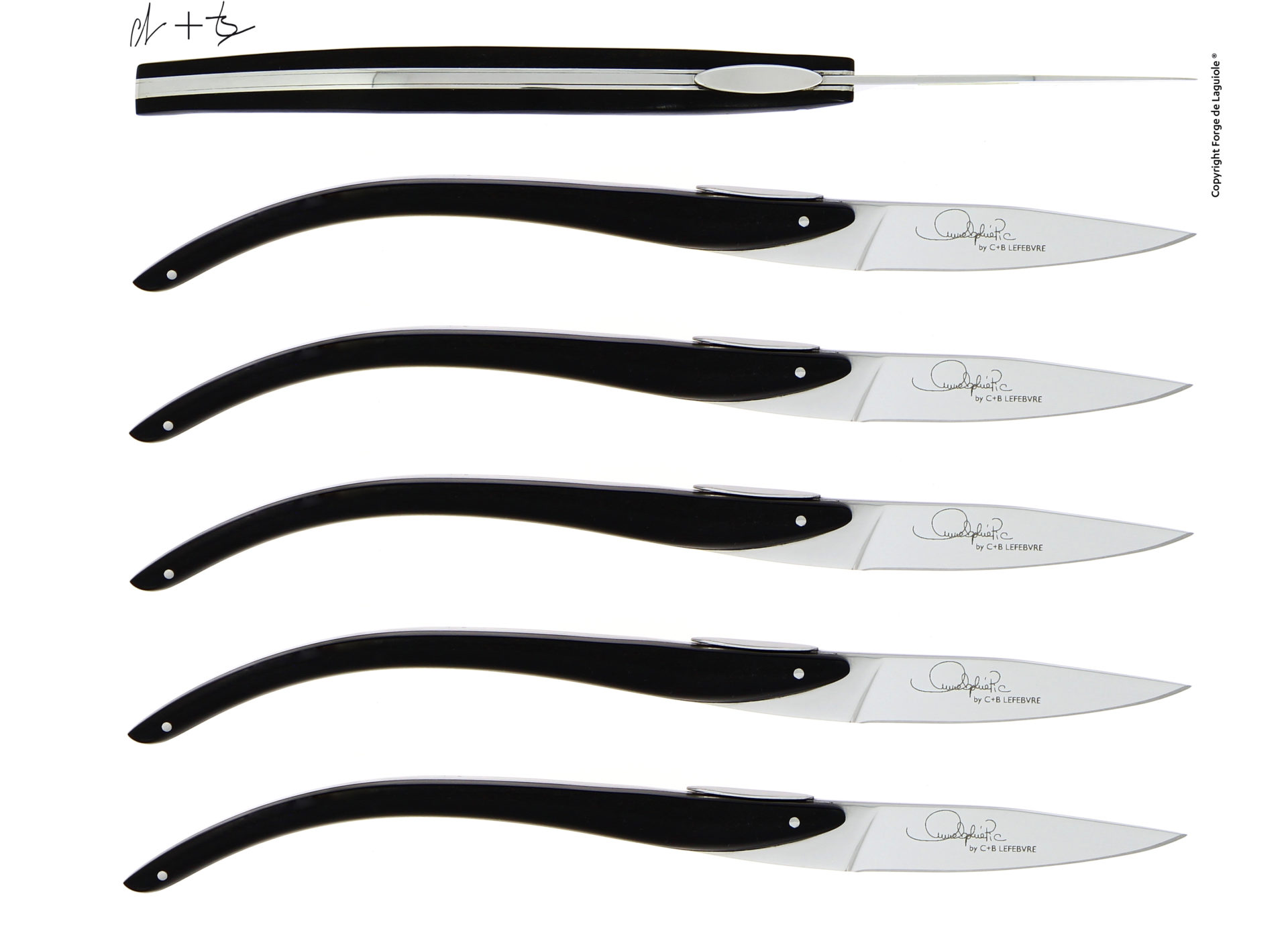 Sechsteiliges Laguiole Steakmesser Set mit eleganten, schwarzen Griffen und Edelstahlklingen, gerade angeordnet