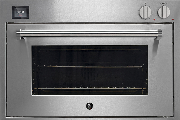 Moderner Einbau-Backofen aus Edelstahl mit großer Glastür, Digitaluhr und zwei Drehknöpfen