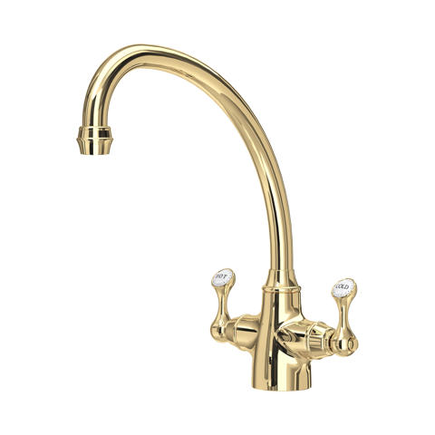 Goldene Küchenarmatur im Vintage-Stil aus massivem Messing mit hohem Schwenkauslauf und zwei Griffen für Warm- und Kaltwasser; elegante, polierte Oberfläche, ideal für Spüle und Landhausküche
