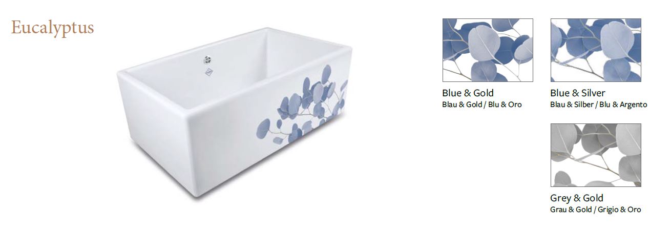 Rechteckige weiße Badewanne mit Eukalyptus-Motiv auf der Außenseite, in verschiedenen Farbvarianten erhältlich