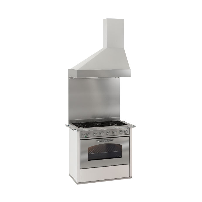 Abgebildet ist ein moderner Gasherd aus Edelstahl mit integriertem Backofen und passender Dunstabzugshaube, geeignet für professionelle Küchenanwendungen.