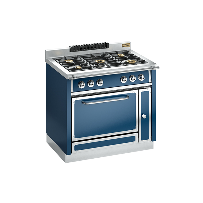 Blauer Standherd mit fünf Gaskochfeldern und großem Backofen im nostalgischen Retro-Look, aus Edelstahl und Emaille