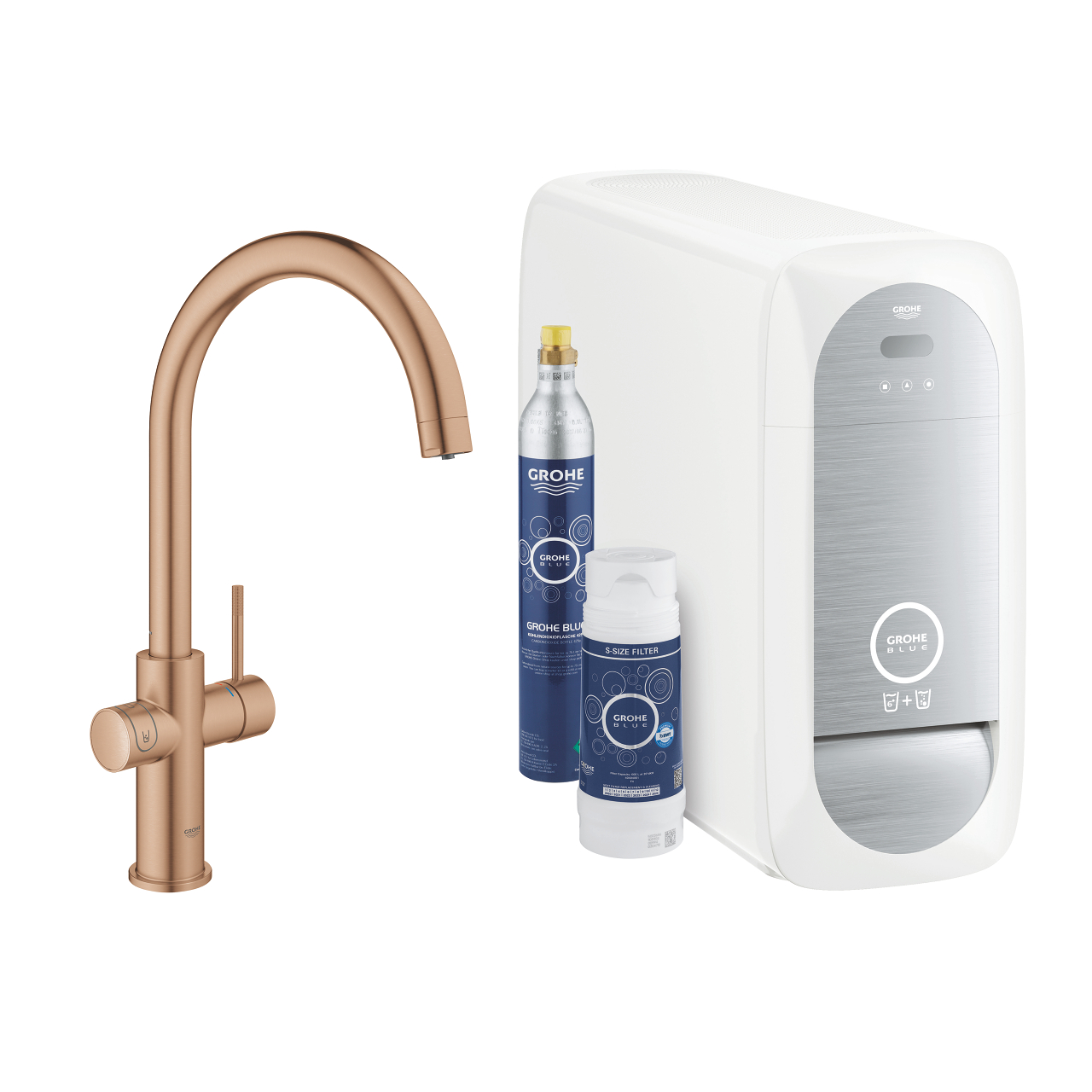 GROHE Blue Home Armatur in Rosé-Gold mit passender Filtereinheit, CO2-Kartusche und Wasserfilter für gefiltertes und gekühltes Wasser