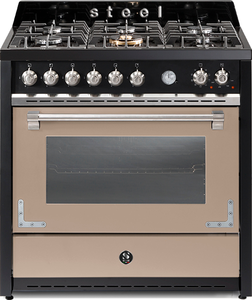 STEEL Standherd mit großem Gaskochfeld, mehreren Bedienelementen und geräumigem Backofen, Edelstahl-Design in beige