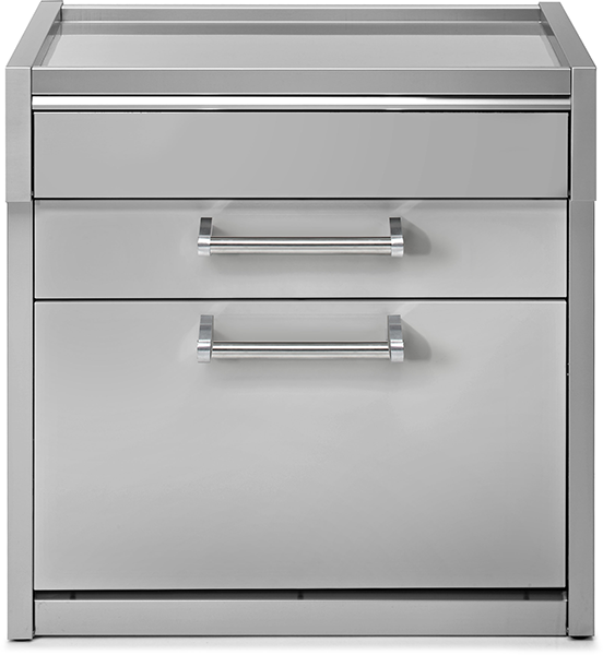 Küchenschrank aus Edelstahl, Vorderansicht, zwei große Schubladen mit Griffen, modernes Design