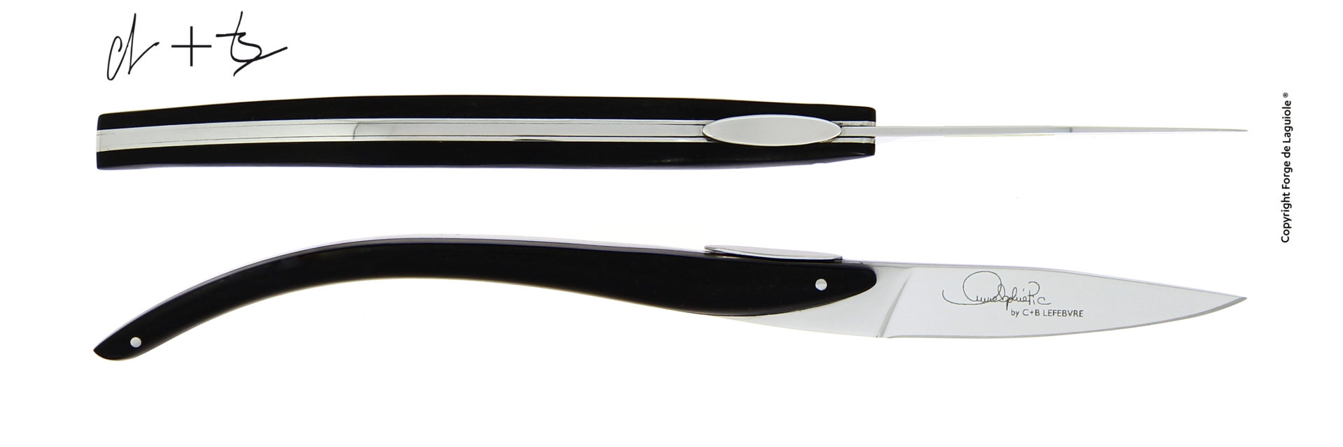 Elegantes, modernes Taschenmesser von Forge de Laguiole, Modell C+B Lefebvre, mit schlankem schwarzen Griff und signierter Edelstahlklinge.