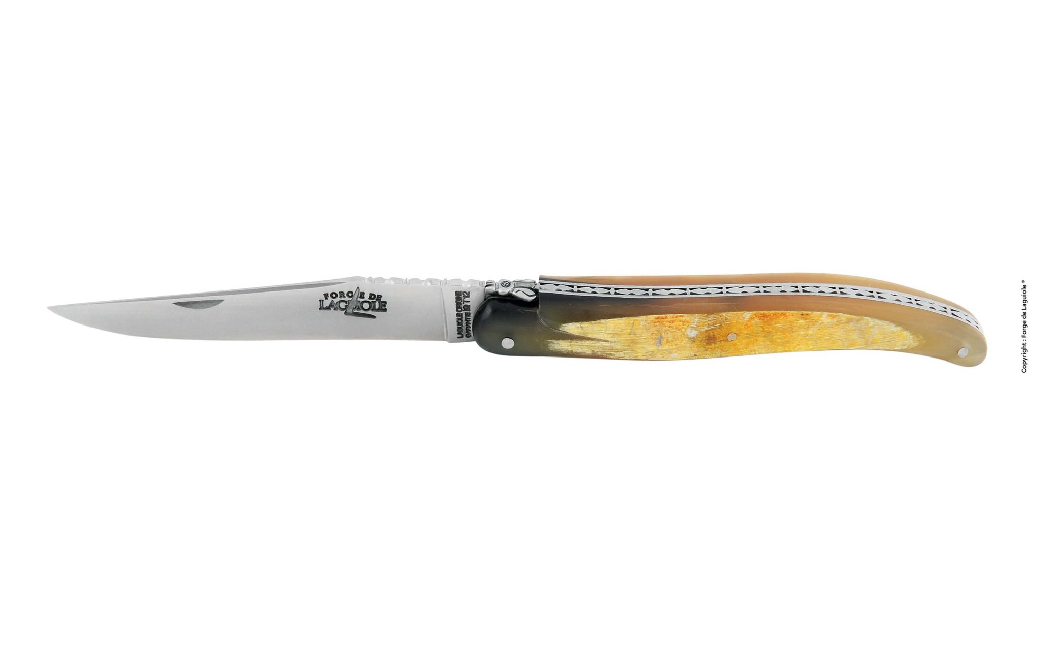 Elegantes Forge de Laguiole Taschenmesser mit polierter Edelstahlklinge und traditionellem Horngriff, seitliche Ansicht