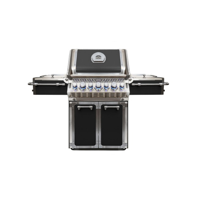 Moderner, großer Edelstahl-Gasgrill mit sechs Drehreglern, Thermometer im Deckel und zwei Seitentischen