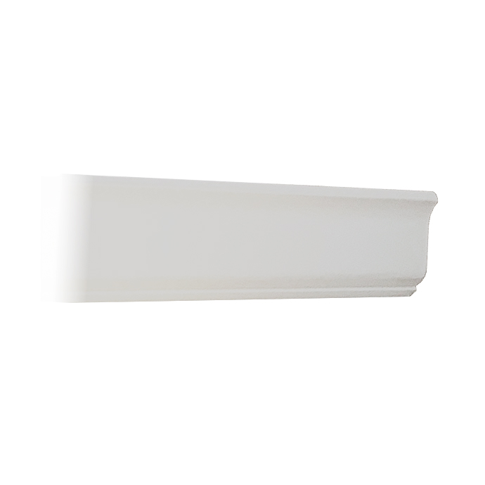 Abgebildet ist eine weiße Zierleiste aus Kunststoff, ideal als Stuckleiste für Wand- oder Deckenabschluss