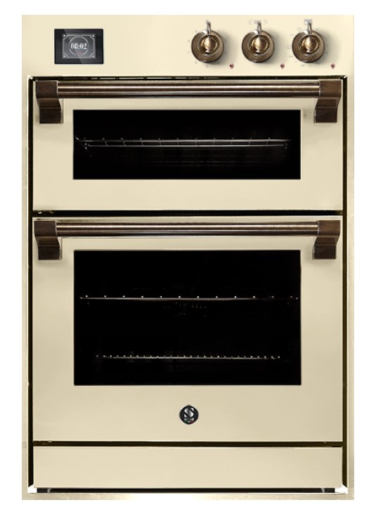 Cremfarbener Retro Einbau-Backofen mit zwei Garfächern, drei Drehknöpfen und analoger Uhr