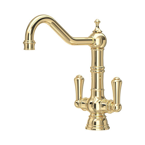 Goldene Messing-Zweigriff-Küchenarmatur im Retro-Design mit hohem, schwenkbarem Auslauf – eleganter Wasserhahn für Küche oder Waschtisch