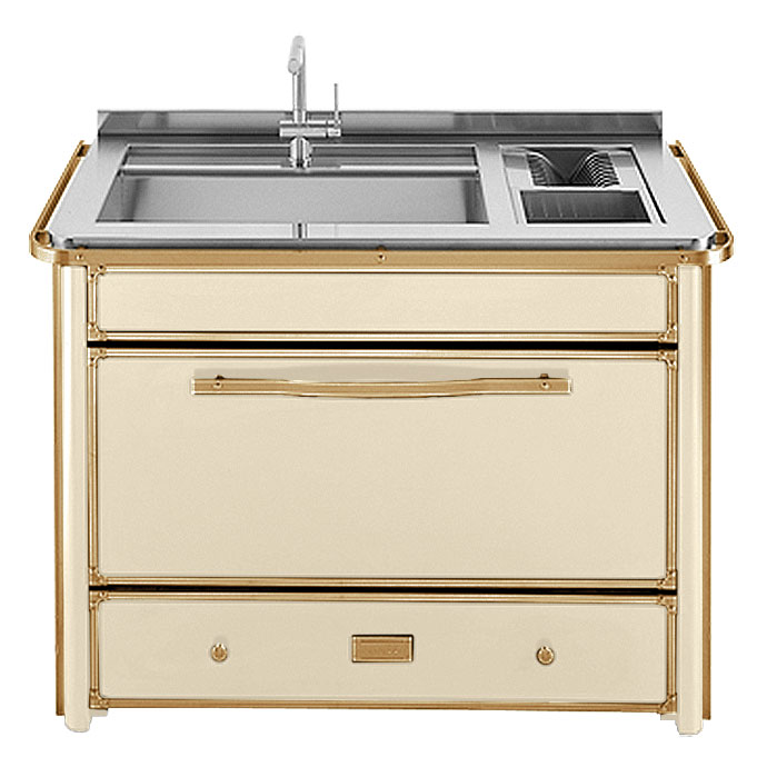 Edler cremefarbener Küchenherd mit Edelstahlspüle, integriertem Abtropfgitter und goldfarbenen Akzenten, ideal für moderne Küchen