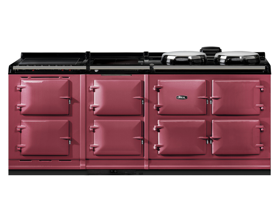 Bordeauxroter AGA Herd mit sechs Backofenfächern, zwei Kochplatten und großzügiger Kochfläche, im klassischen Design
