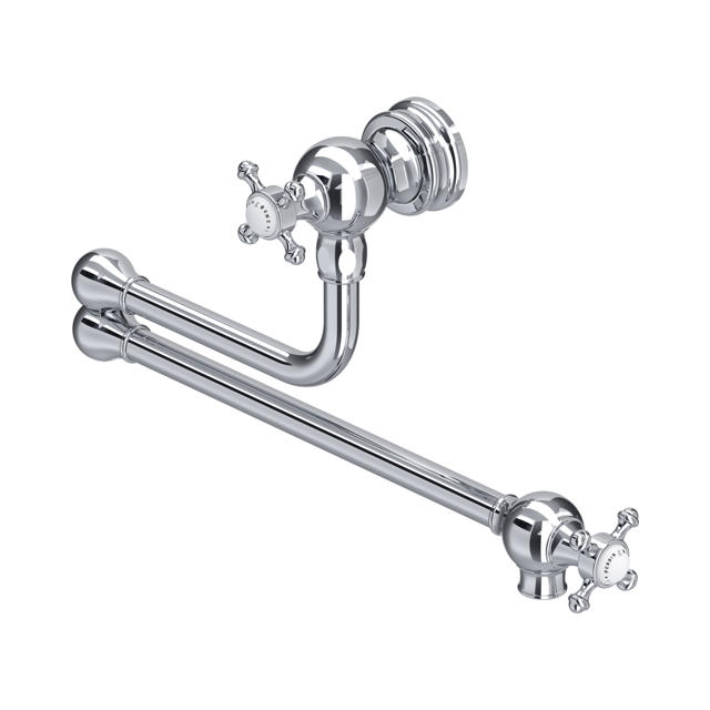 Chrom Wand-Topffüller mit zwei Gelenkarmen und Kreuzgriffen, klassischer schwenkbarer Küchen-Wasserhahn zur Wandmontage, ideal zum Befüllen von Töpfen am Herd